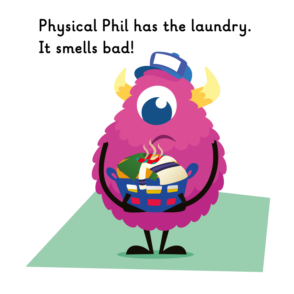 Learn phonics with Actiphons Launching Maud reading book page 2 Physical Phil has some laundry to do and it smells really bad