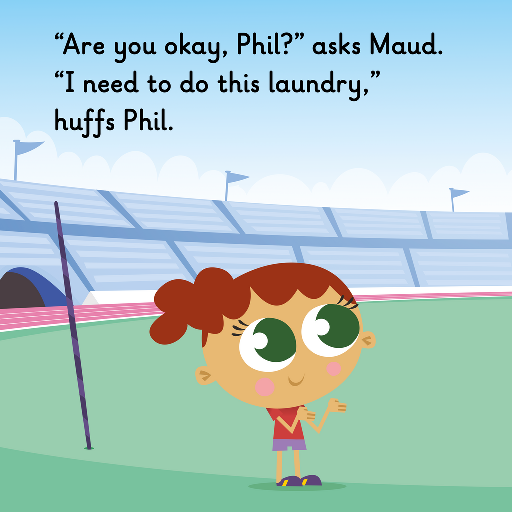 Learn phonics with Actiphons Launching Maud reading book page 3 Launching Maud is asking Physical Phil if he is ok as they inside the Active Arena