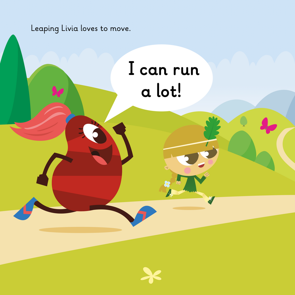 Learn phonics with Actiphons Leaping Livia reading book page 1 Leaping Livia and Adventure Annie running in the Meadow