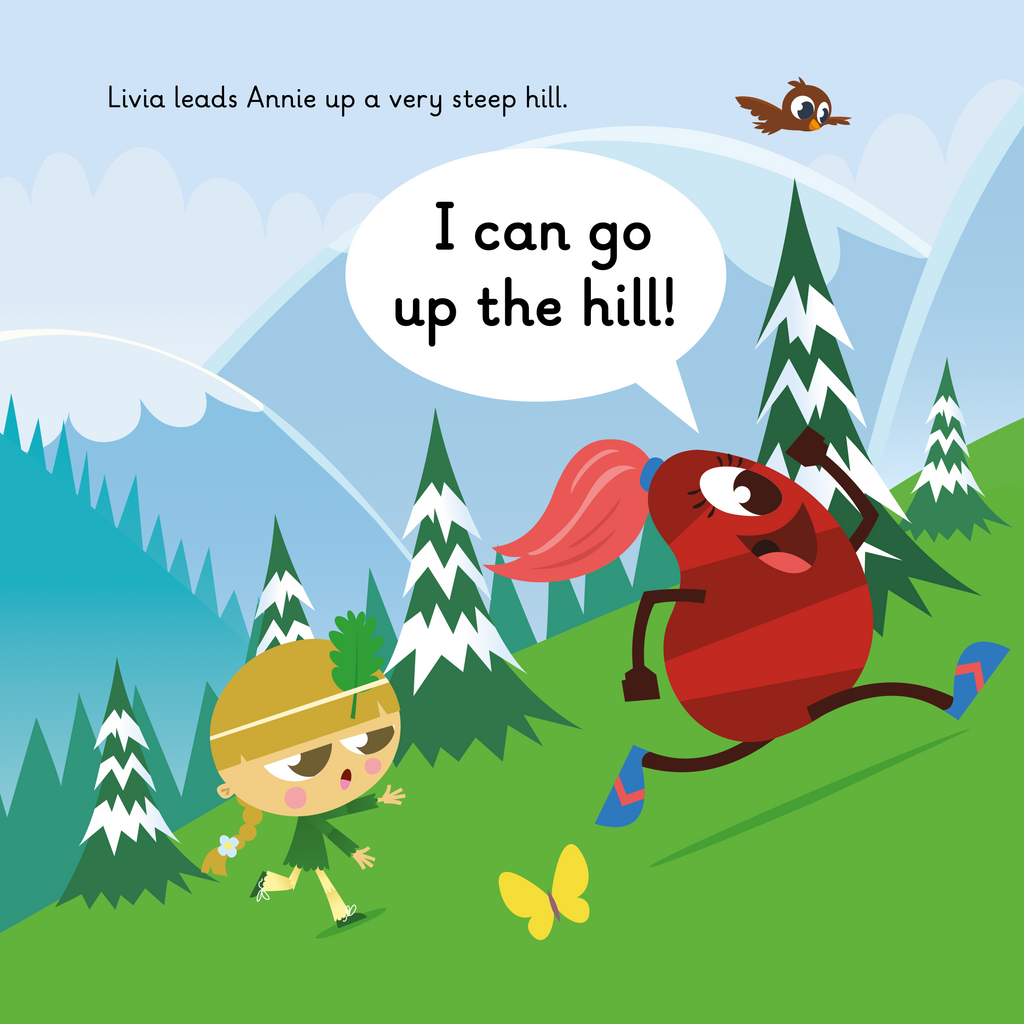 Learn phonics with Actiphons Leaping Livia reading book page 3 Leaping Livia and Adventure Annie running up a very steep hill 