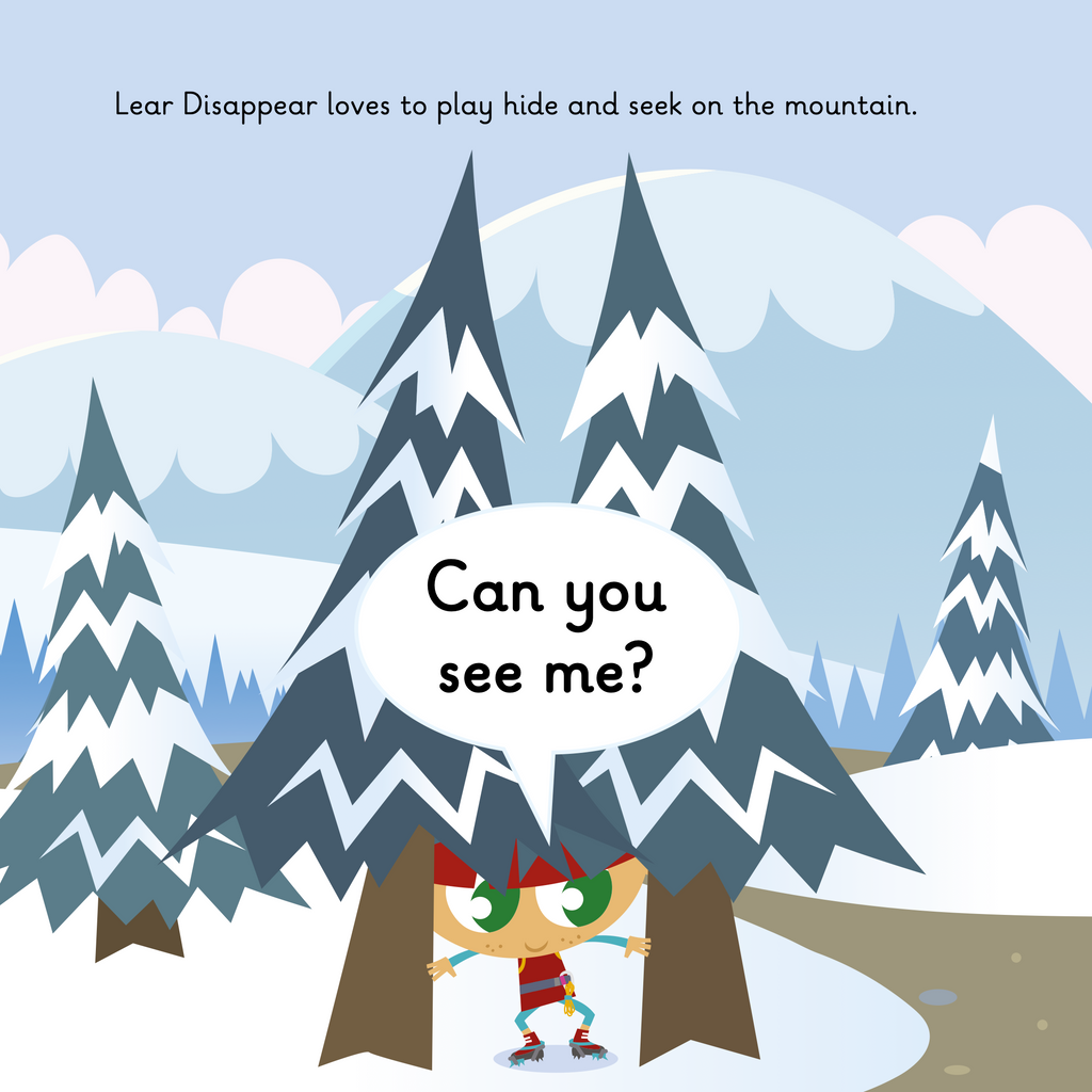 Learn phonics with Actiphons Lear Disappear reading book page 1 Lear is playing hide and seek hiding behind some snowy covered tress