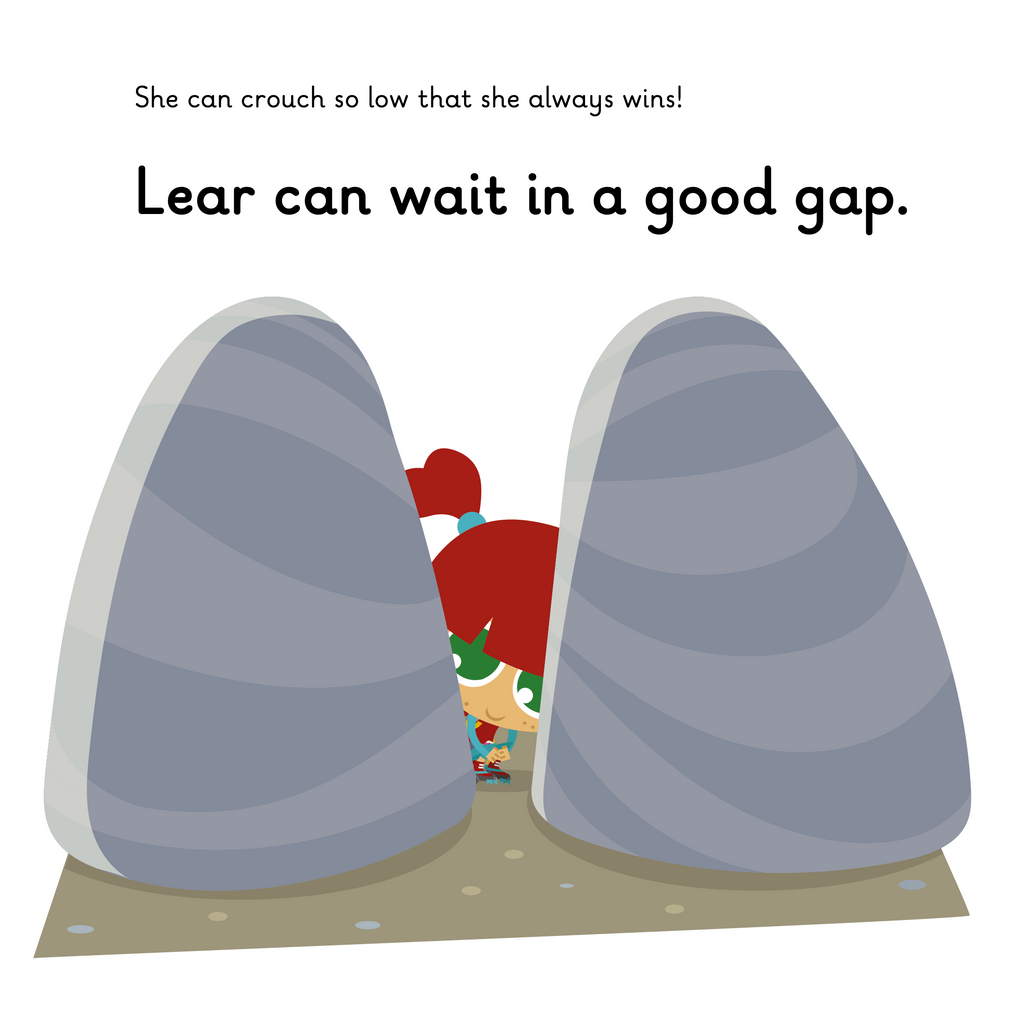 Learn phonics with Actiphons Lear Disappear reading book page 2 Lear is playing hide and seek hiding behind two great big rocks