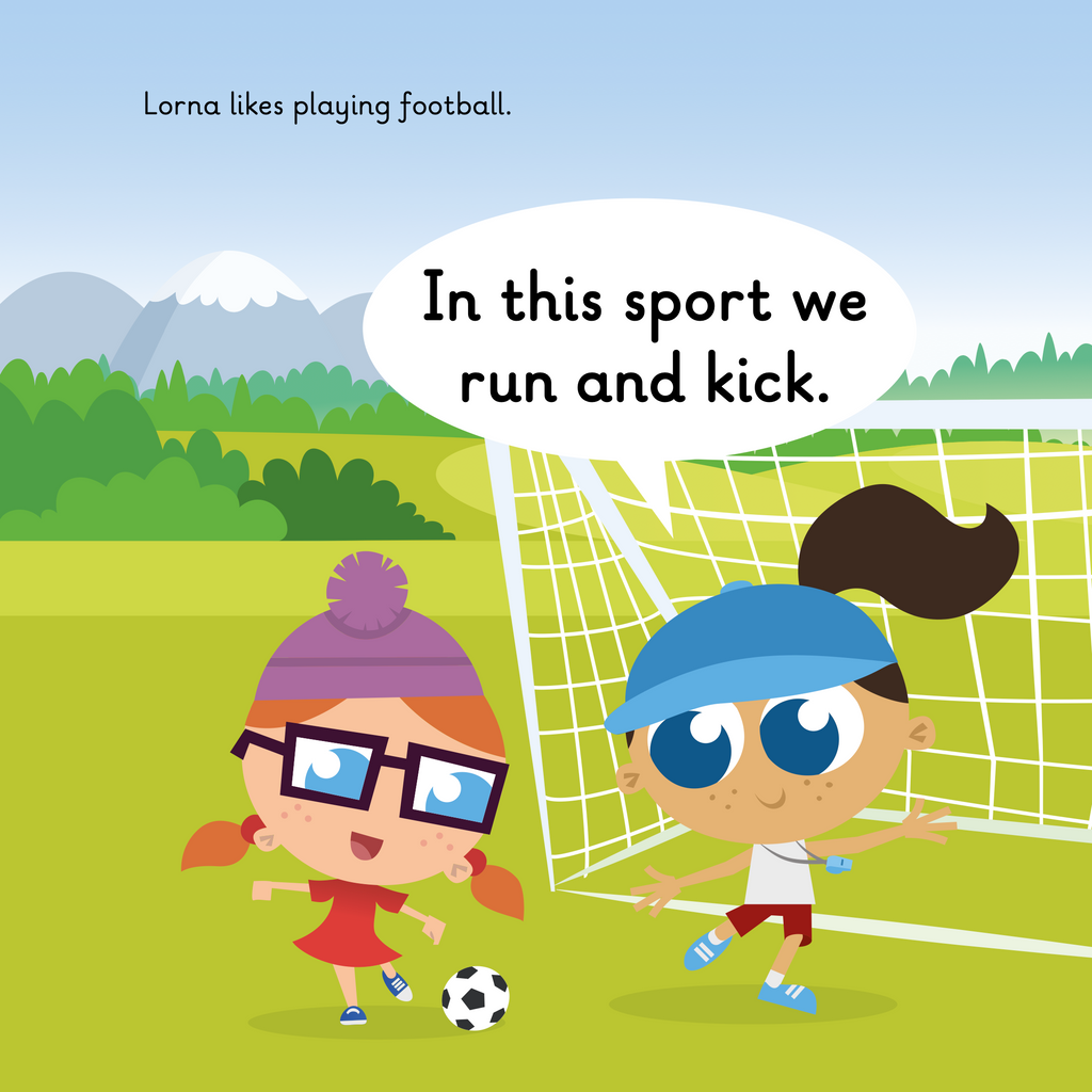 Learn phonics with Actiphons Lorna Sport reading book page 2 Lorna Sport is playing football on the field with Incredible Isabelle who is wearing her favourite bob hat