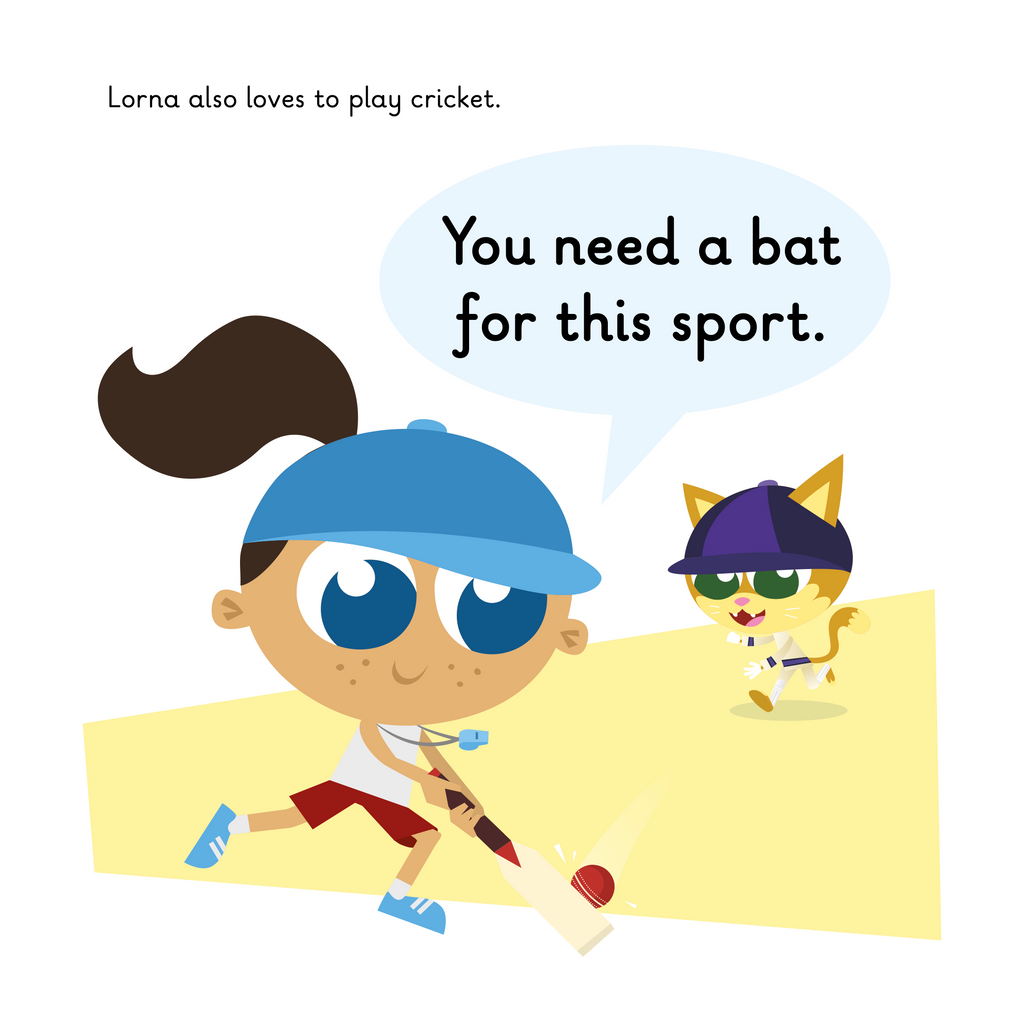 Learn phonics with Actiphons Lorna Sport reading book page 3 Lorna Sport is playing cricket with Cricket Craig who is wearing his favourite blue baseball cap