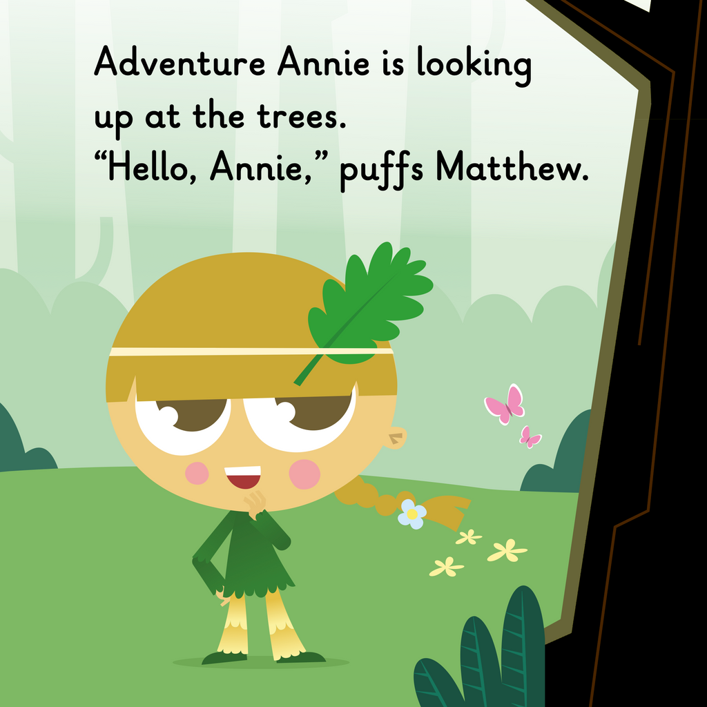 Learn phonics with Actiphons Matthew Phews reading book page 2 Adventure Annie is standing in the forest and has a leaf in her head band and is wearing her favourite green dress 
