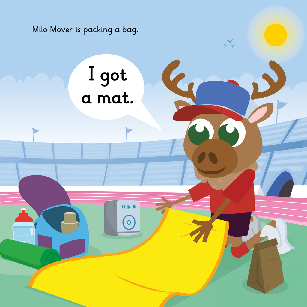 Learn phonics with Actiphons  Milo Mover reading book page 1 Milo Mover inside the Active Arena packing up his yellow mat into his rucksack