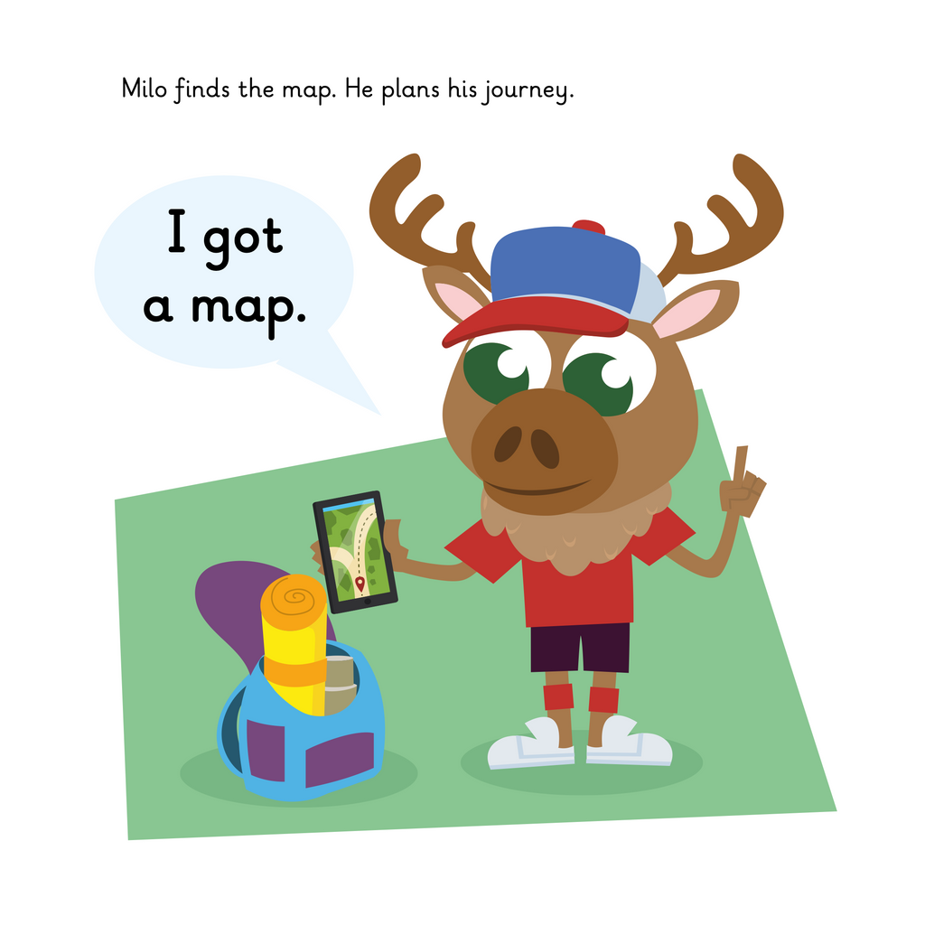 Learn phonics with Actiphons Milo Mover reading book page 2 Milo Mover planning his journey with his map in his hand