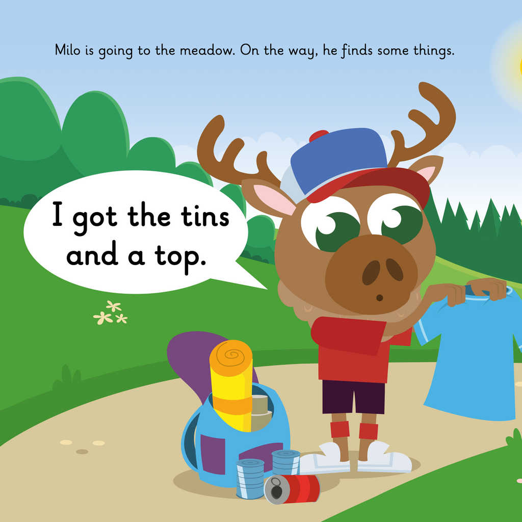 Learn phonics with Actiphons Milo Mover reading book page 3 Milo Mover walking to the meadow finding some tins and a blue t shirt