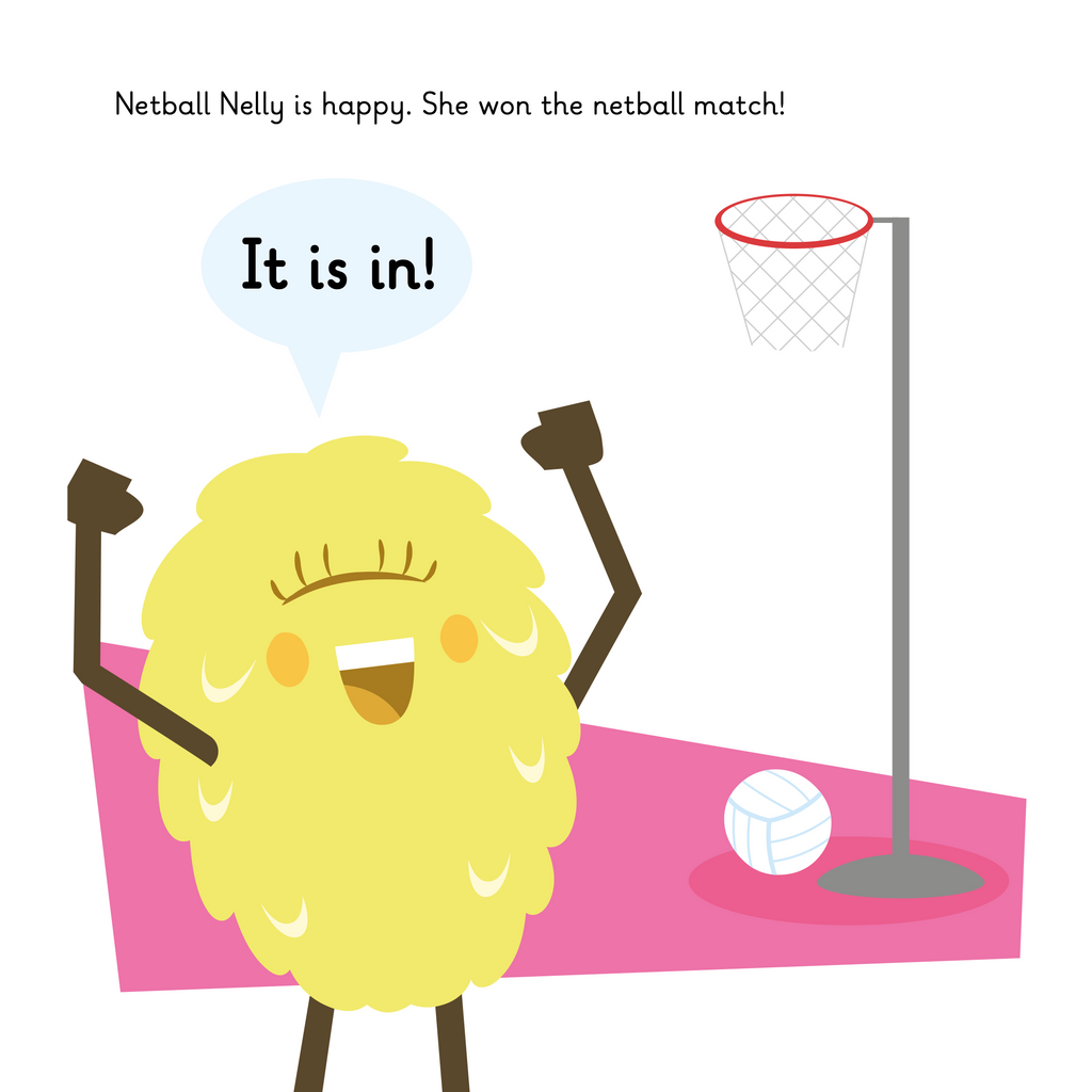 Learn phonics with Actiphons Netball Nelly reading book page 1 Netball Nelly cheering after winning a Netball match
