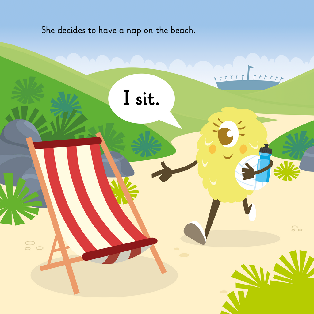 Learn phonics with Actiphons Netball Nelly reading book page 2 Netball Nelly walking to the beach to have a nap on a beach chair