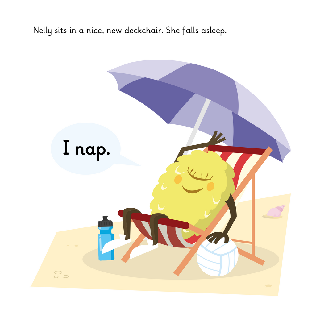 Learn phonics with Actiphons Netball Nelly reading book page 3 Netball Nelly asleep sunbathing on her deckchair with her hand on her netball