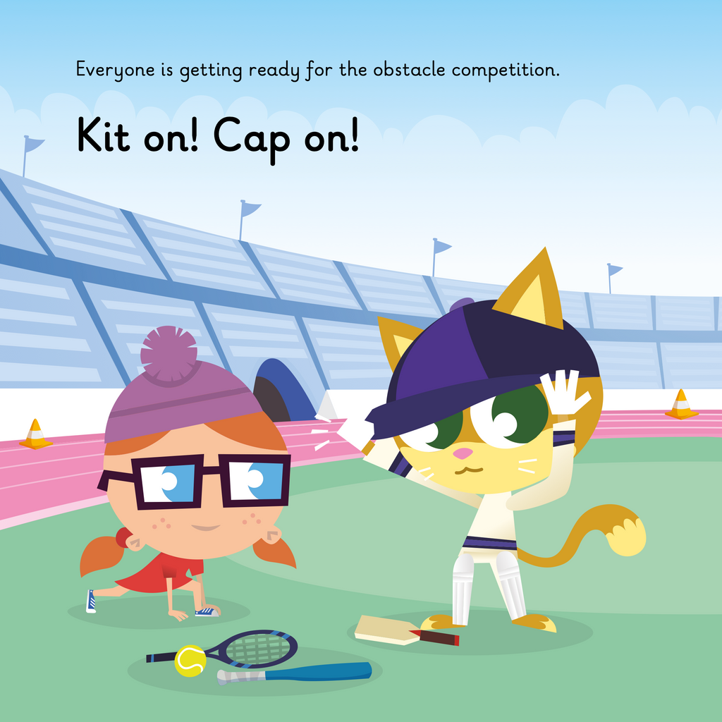 Learn phonics with Actiphons Olly Obstacle reading book page 1 Incredible Isabelle and Cricket Craig inside the Active Arena with a tennis and baseball bat