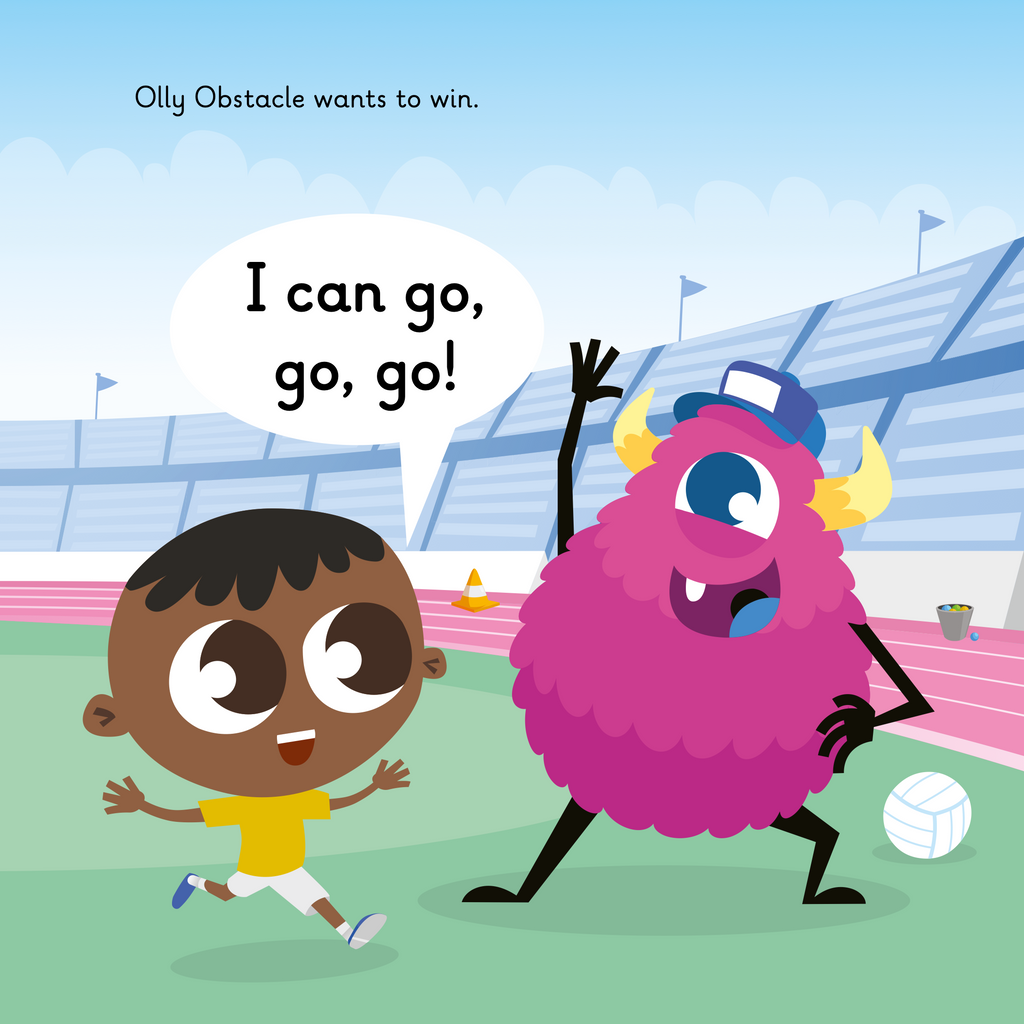 Learn phonics with Actiphons Olly Obstacle reading book page 2 Olly Obstacle and Physical Phil inside the Active Arena with a volley ball