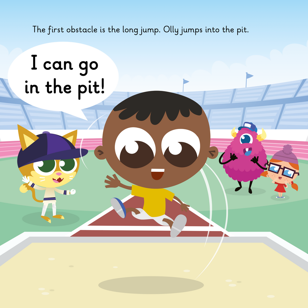 Learn phonics with Actiphons Olly Obstacle reading book page 3 Olly Obstacle practising his long jump into a pit inside the Active Arena with Cricket Craig, Physical Phil and Incredible Isabelle