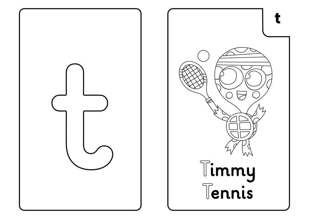 Phase 2 Timmy Tennis 't' flash card colouring sheet
