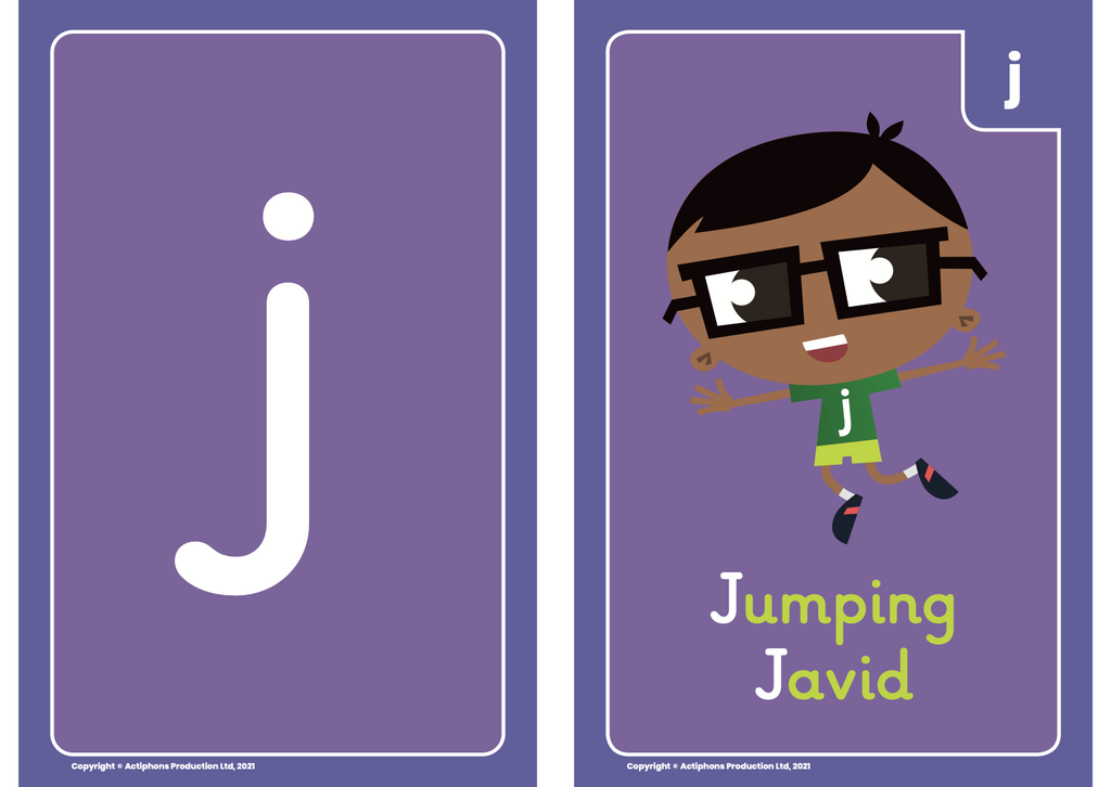 Phase 3 Phonics 'j' sound flash card with Jumping Javid