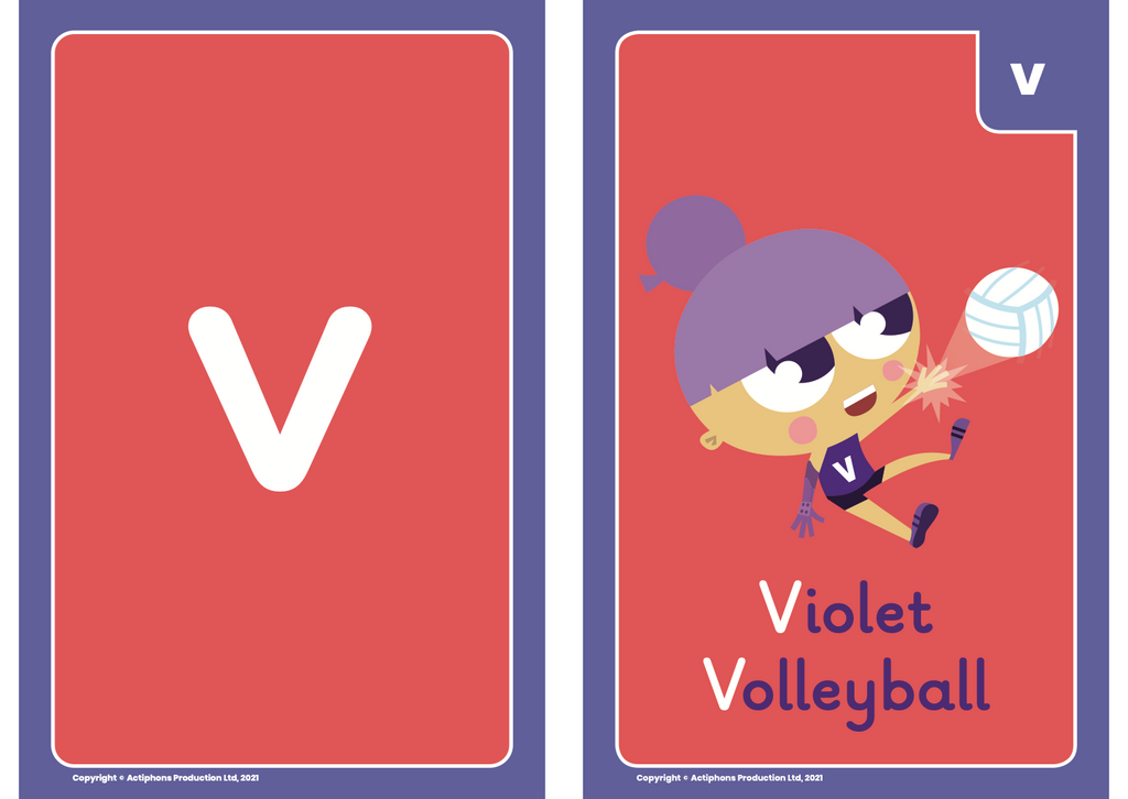 Phase 3 Phonics 'v' sound flash card with Violet Volleyball