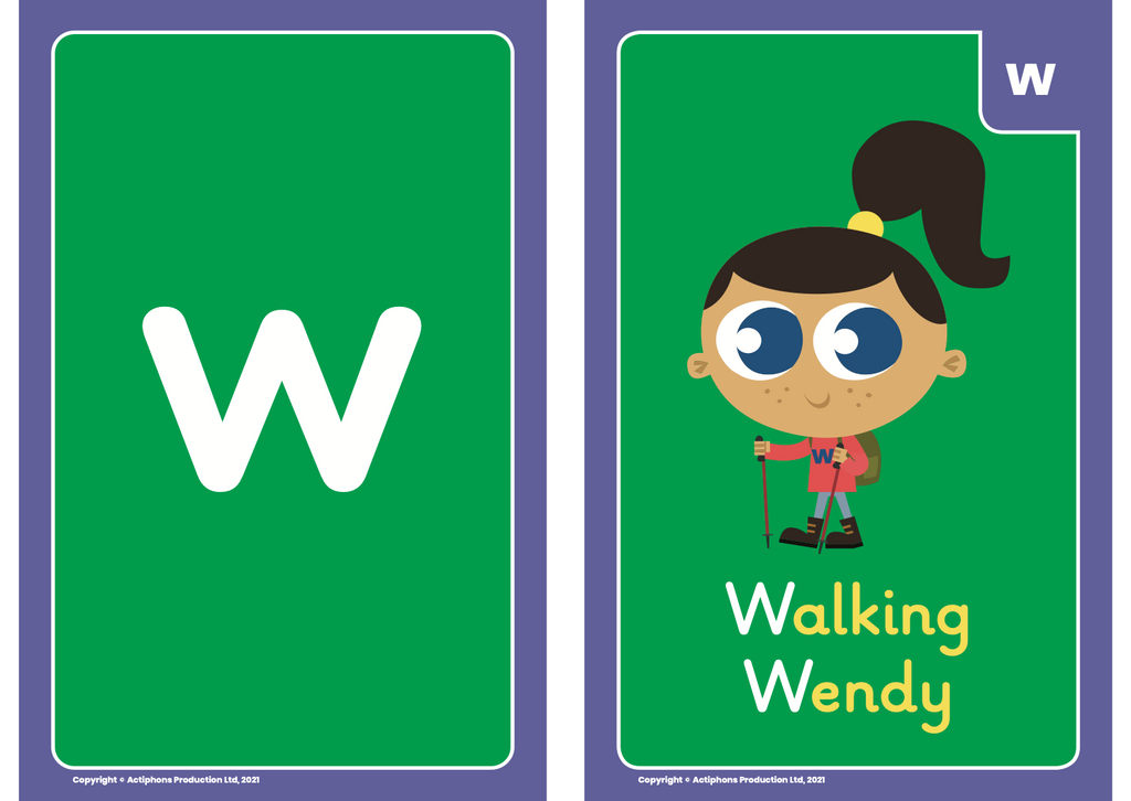 Phase 3 Phonics 'w' sound flash card with Walking Wendy