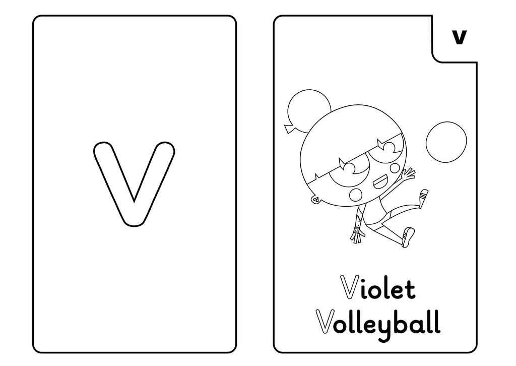 Phase 3 Phonics 'v' sound flash card colouring sheet with Violet Volleyball