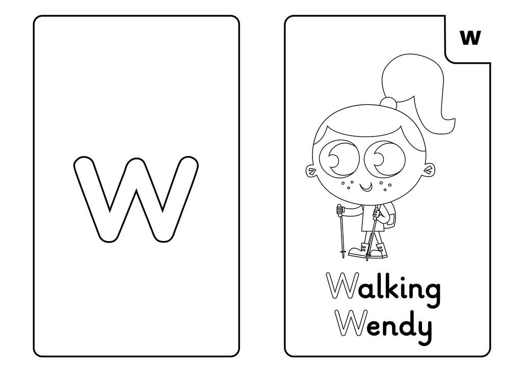 Phase 3 Phonics 'w' sound flash card colouring sheet with Walking Wendy