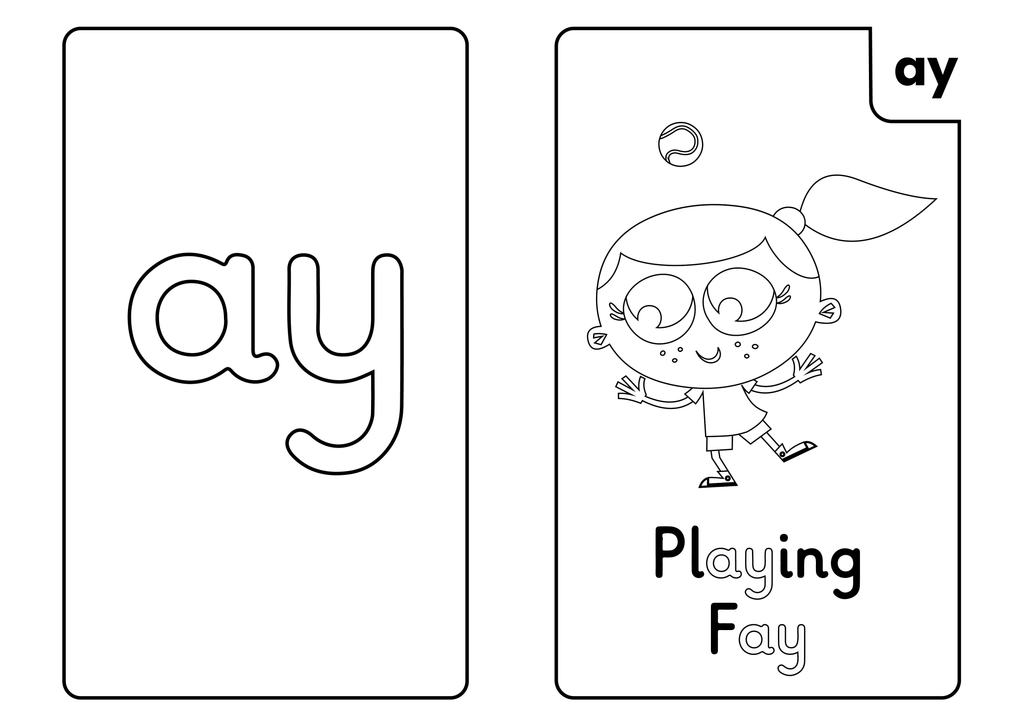 Phase 5 Phonics Actiphons flash card 'ay' sound colouring sheet with Playing Fay