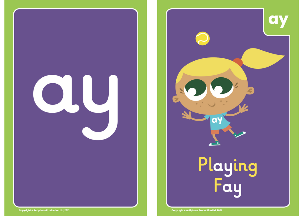 Phase 5 Phonics Actiphons flash card 'ay' sound with Playing Fay
