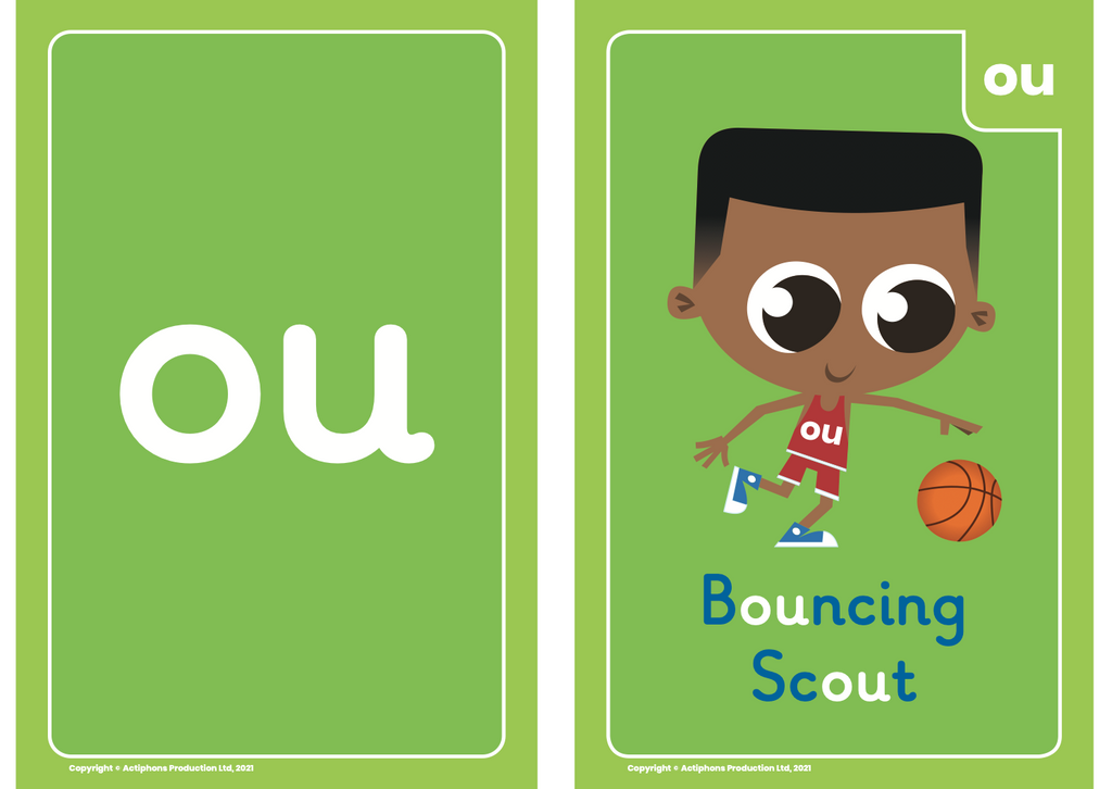 Phase 5 Phonics Actiphons flash card 'ou' sound with Bouncing Scout