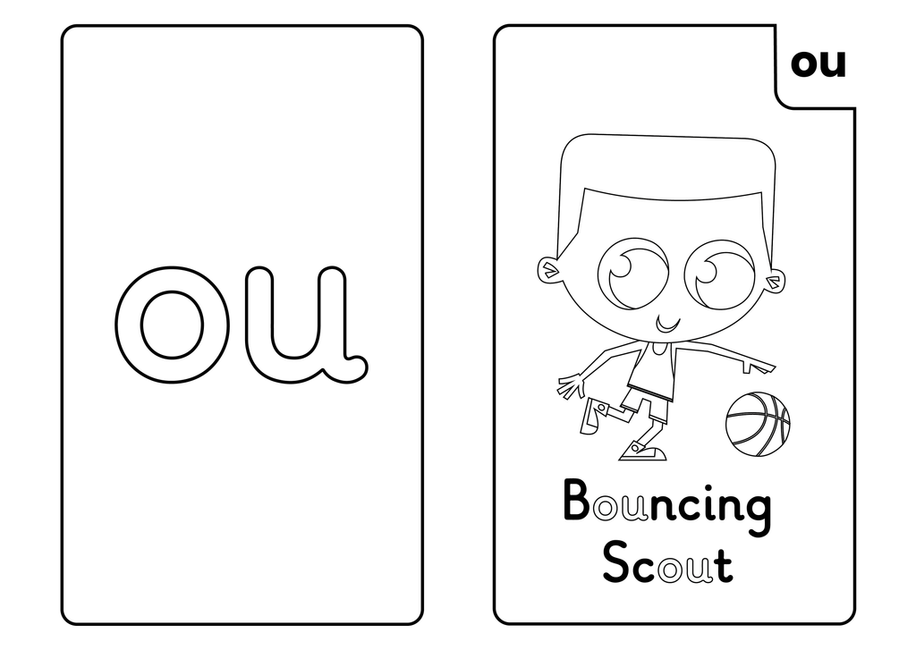 Phase 5 Phonics Actiphons flash card 'ou' sound colouring sheet with Bouncing Scout