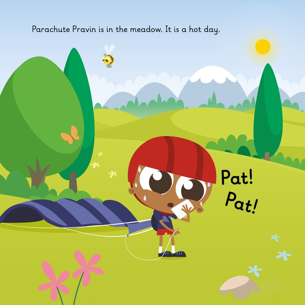 Learn phonics with Actiphons Parachute Pravin reading book page 1 Parachute Pravin in the meadow with his parachute out on a hot day