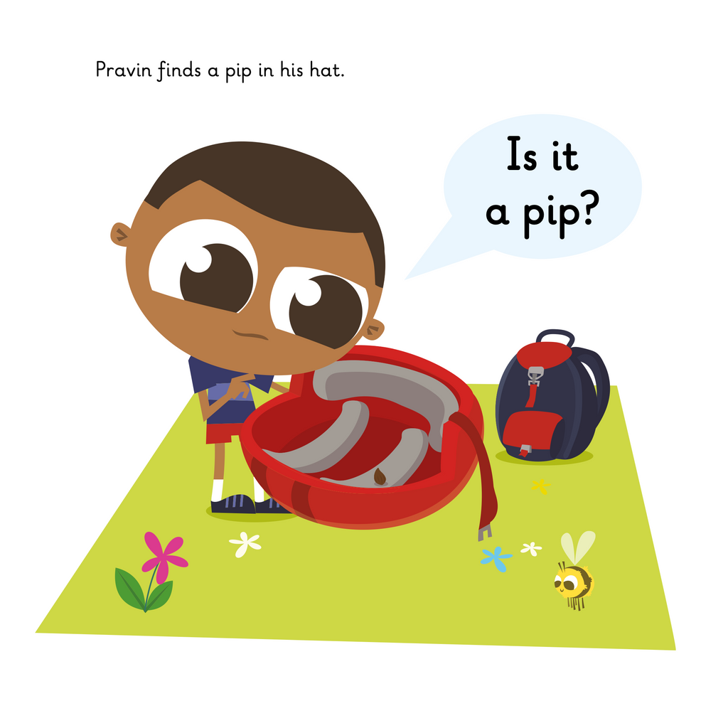 Learn phonics with Actiphons Parachute Pravin reading book page 2 Parachute Pravin finding a pip inside his helmet