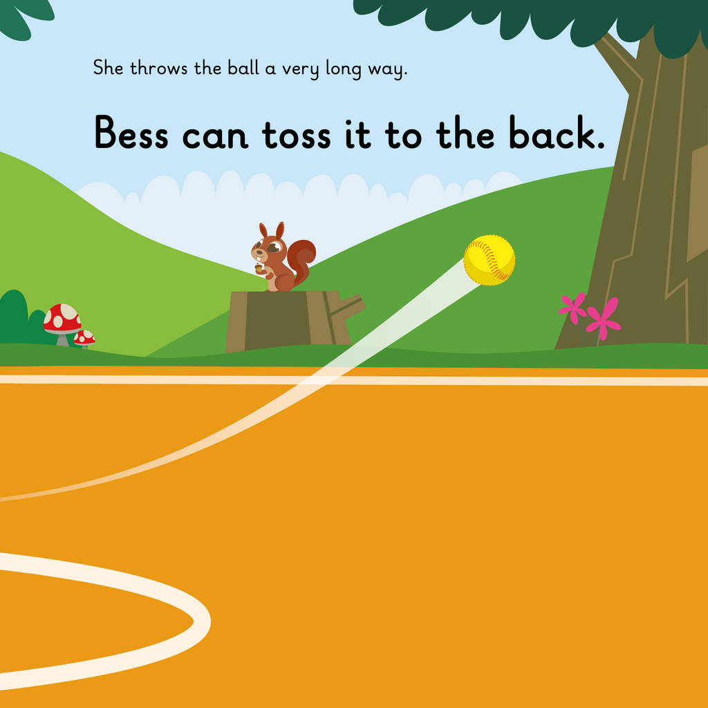 Learn phonics with Actiphons Passing Bess reading book page 2 Bessing Bess practising her throwing with a squirrel watching her