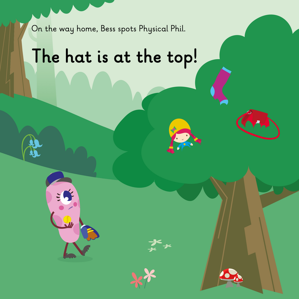 Learn phonics with Actiphons Passing Bess reading book page 3 Passing Bess finding a doll, sock and bag stuck up in a tree as she walks through the forest