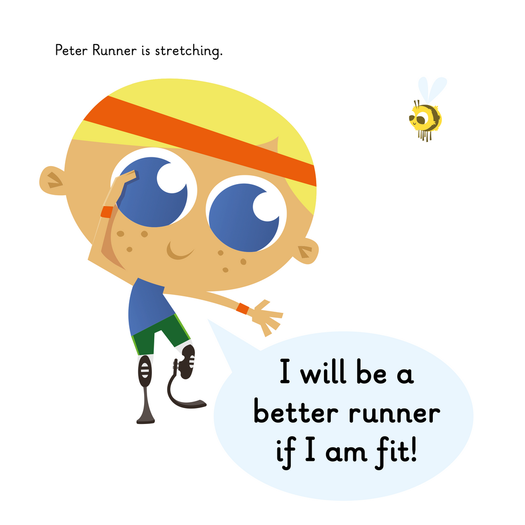 Learn phonics with Actiphons Peter Runner reading book page 1 Peter Runner is doing his stretches whilst wearing his favourite orange head band