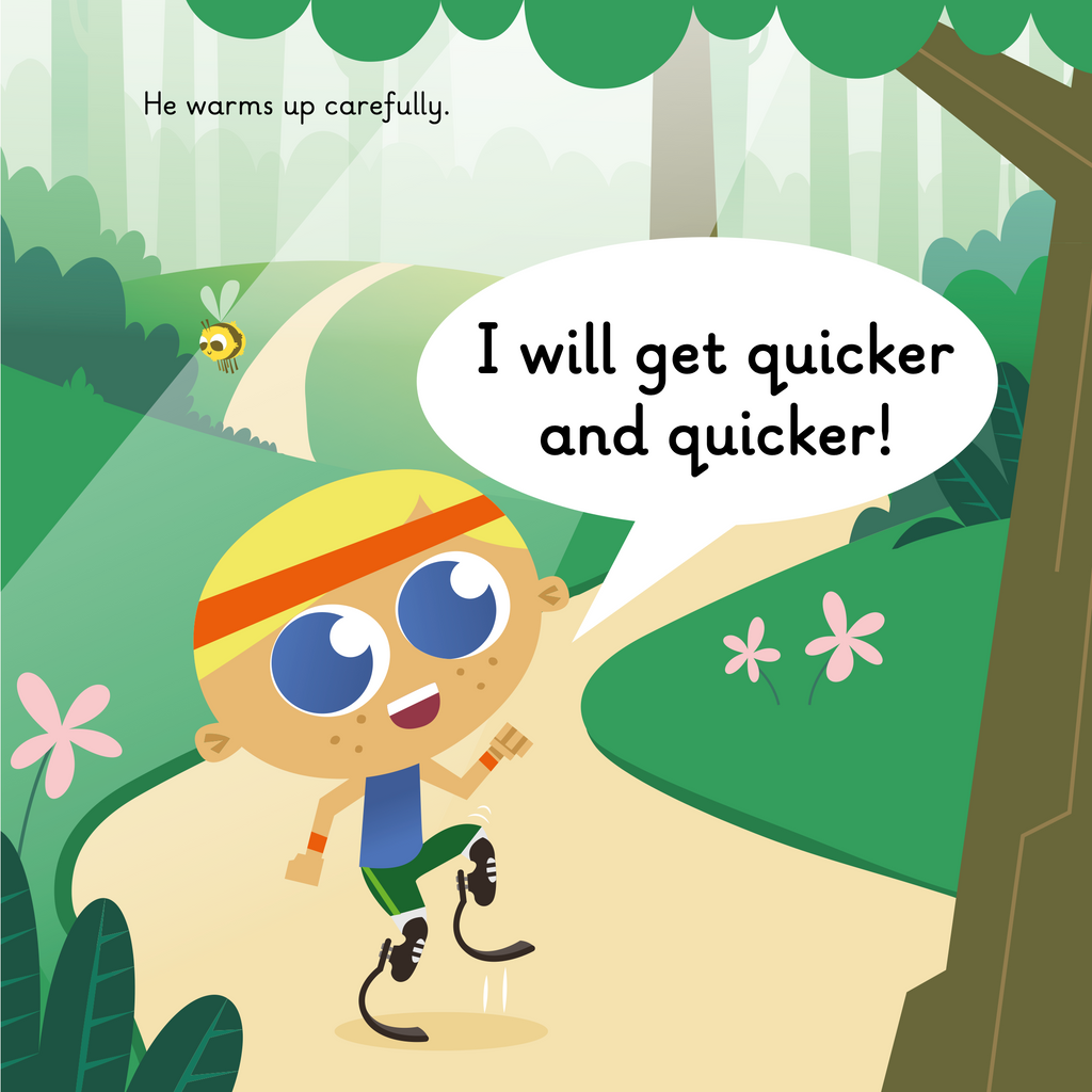 Learn phonics with Actiphons Peter Runner reading book page 2 Peter Runner is running through the forest with his favourite orange head band on