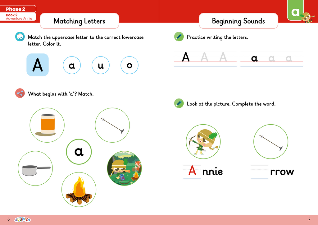 Learn Phonics with Actiphons Phase 2 workbook Adventure Annie activity page 1 matching letter and beginning sounds