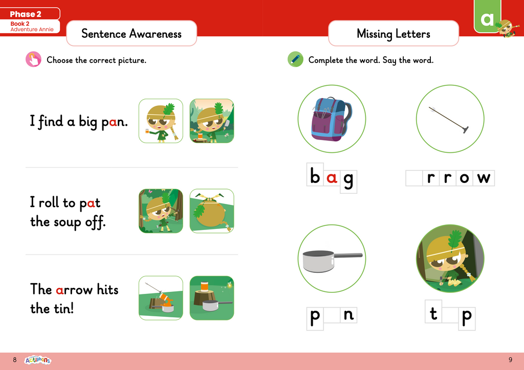 Learn Phonics with Actiphons Phase 2 workbook Adventure Annie activity page 2 sentence awareness and missing letters 