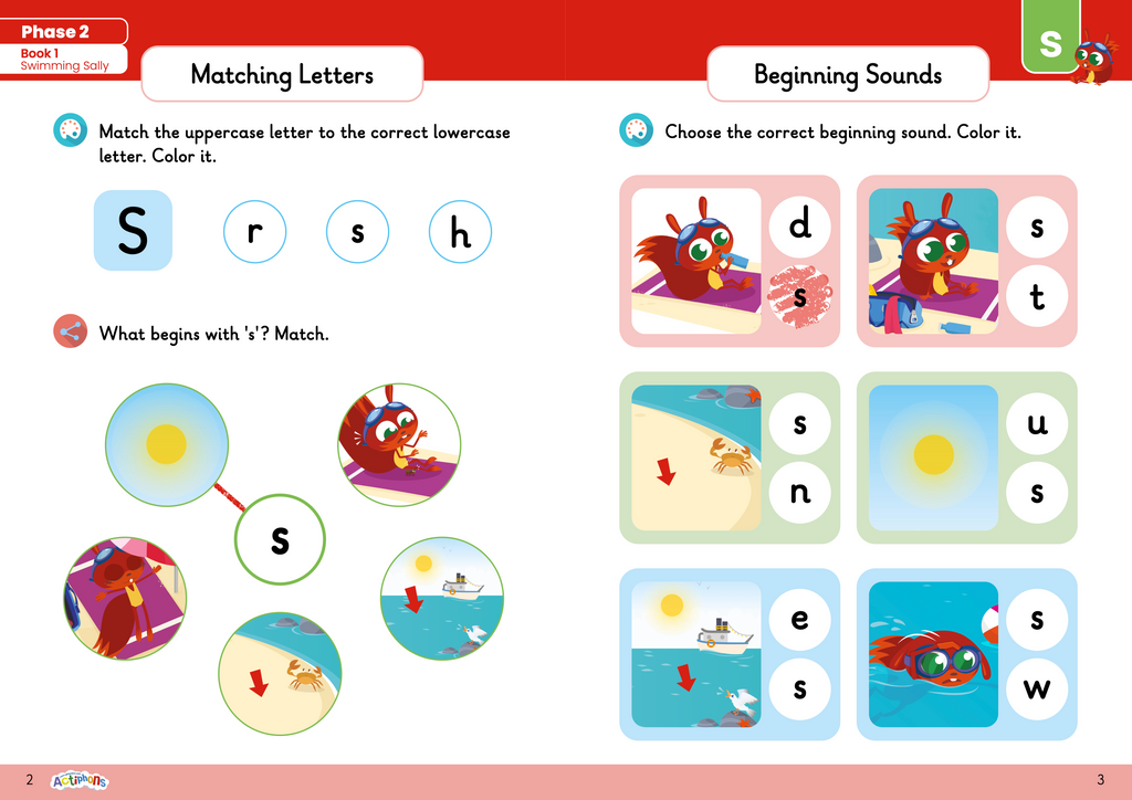 Learn Phonics with Actiphons Phase 2 workbook Swimming Sally activity page 1