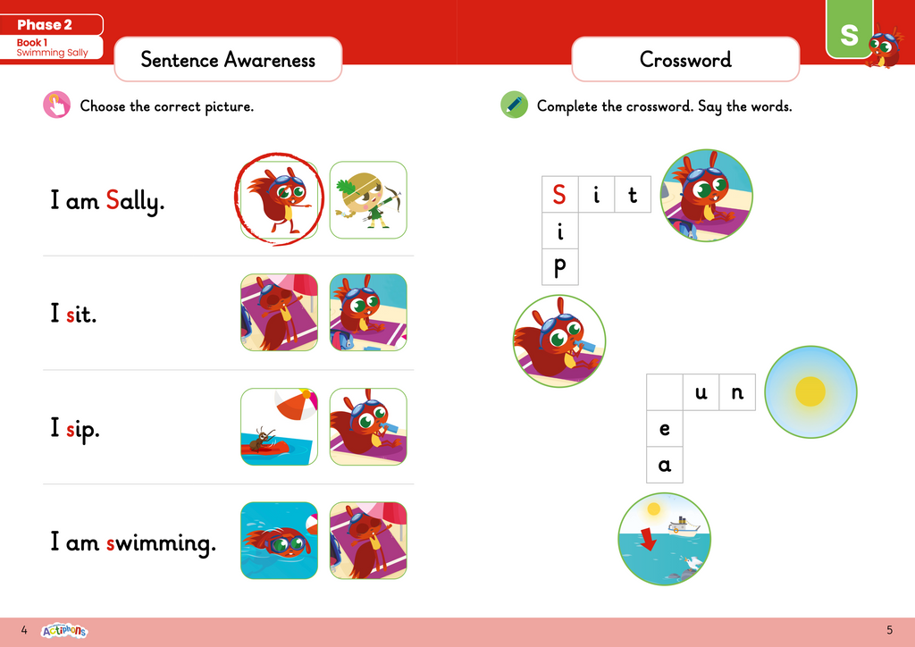 Learn Phonics with Actiphons Phase 2 workbook Swimming Sally activity page 2 sentence awareness and crossword 