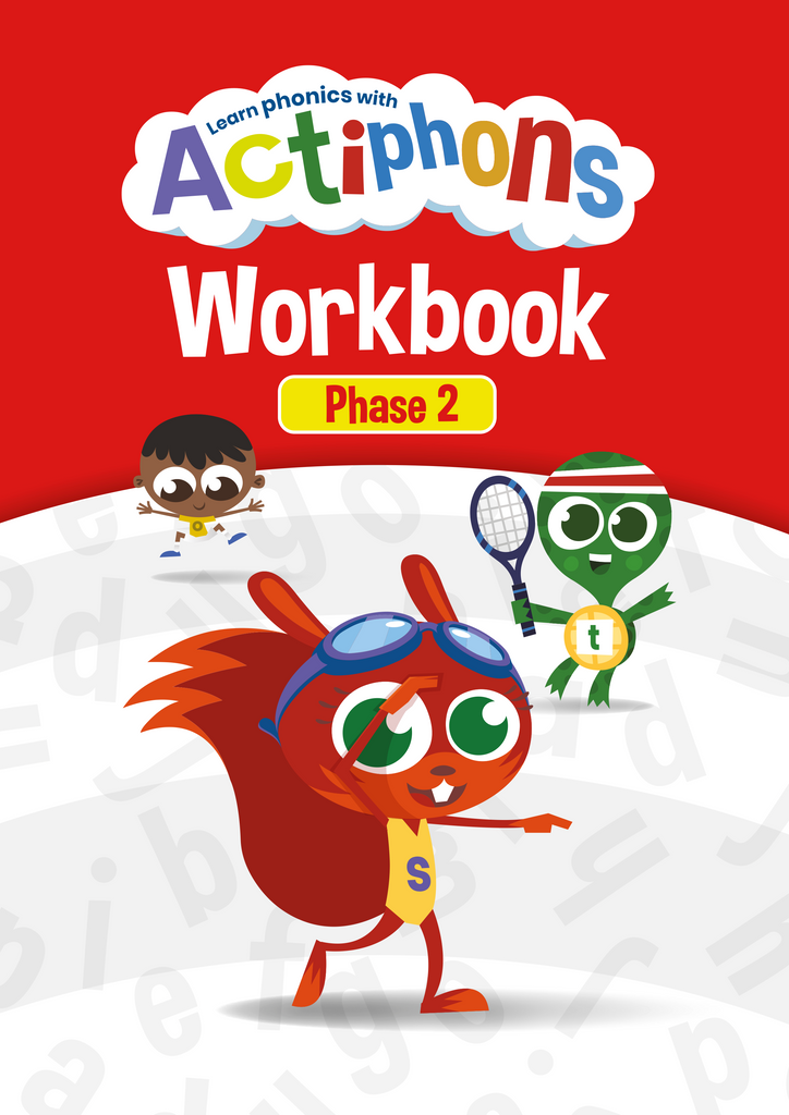 Learn Phonics with Actiphons Phase 2 workbook front cover with Swimming Sally, Olly Obstacle and Timmy Tennis