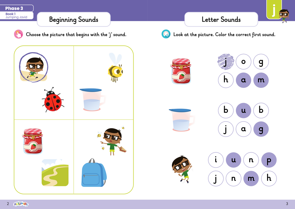 Learn Phonics with Actiphons Phase 3 Workbook Jumping Javid page 1 beginning sounds and letters sound page