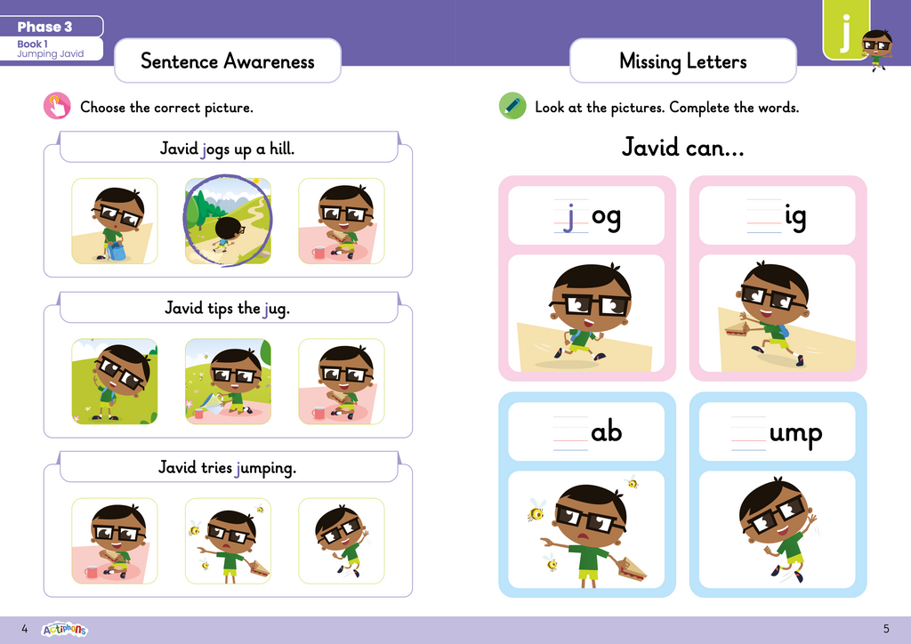 Learn Phonics with Actiphons Phase 3 Workbook Sentence awareness and missing letter activity with Jumping Javid