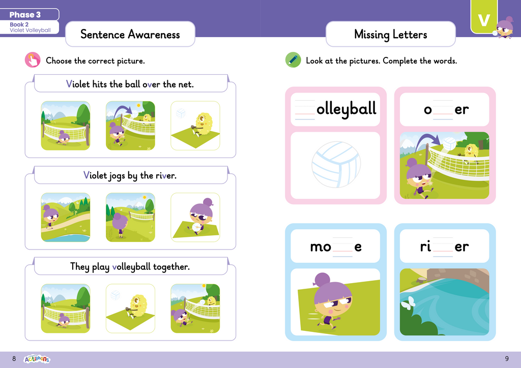 Learn Phonics with Actiphons Phase 3 Workbook sentence awareness and missing letters activity with Violet Volleyball