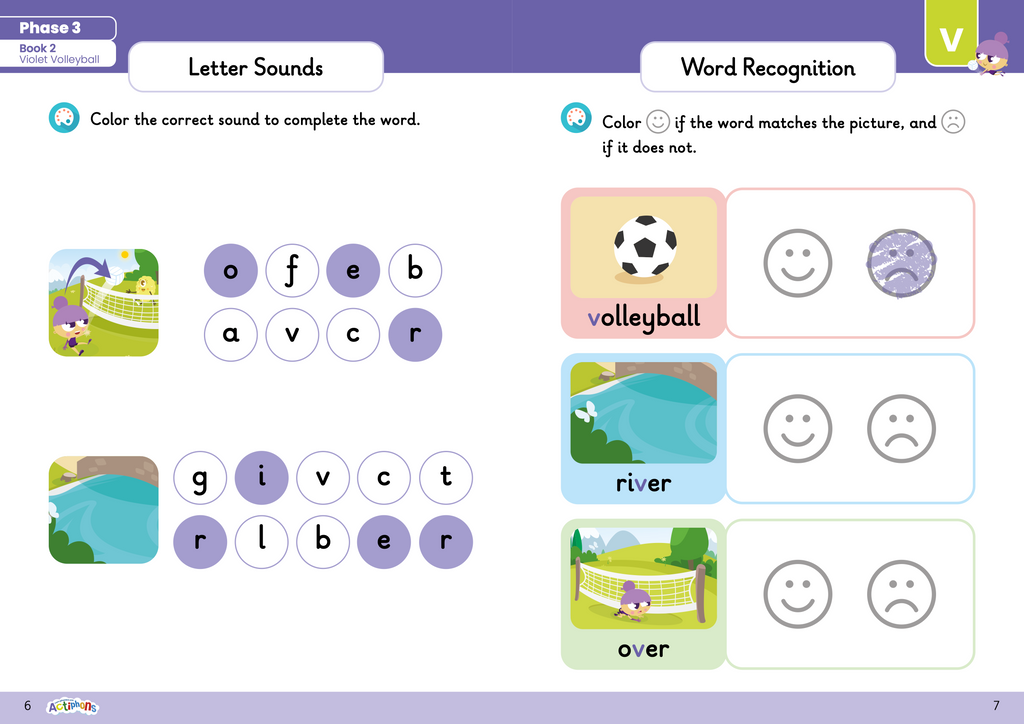 Learn Phonics with Actiphons Phase 3 Workbook letter sounds and word recognition with Violet Volleyball