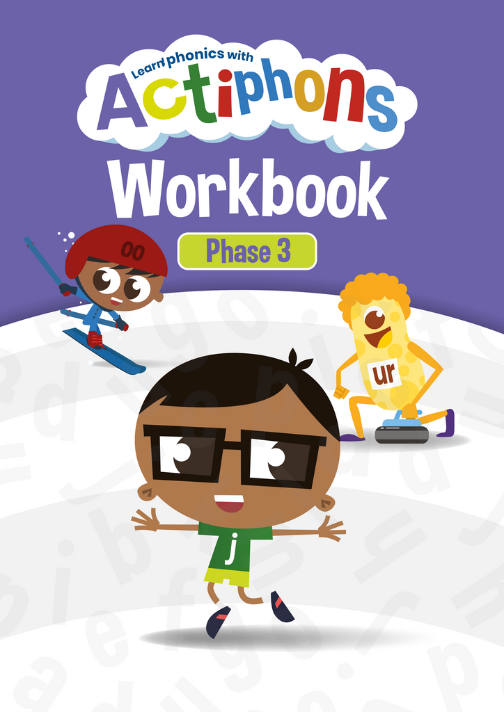 Learn Phonics with Actiphons Phase 3 Workbook front cover with Zooming Farooq, Jumping Javid and Curling Curly