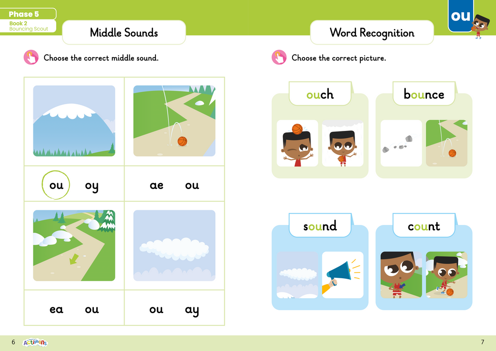 Learn Phonics with Actiphons Phase 5 workbook middle sounds and word recognition page with Bouncing Scout