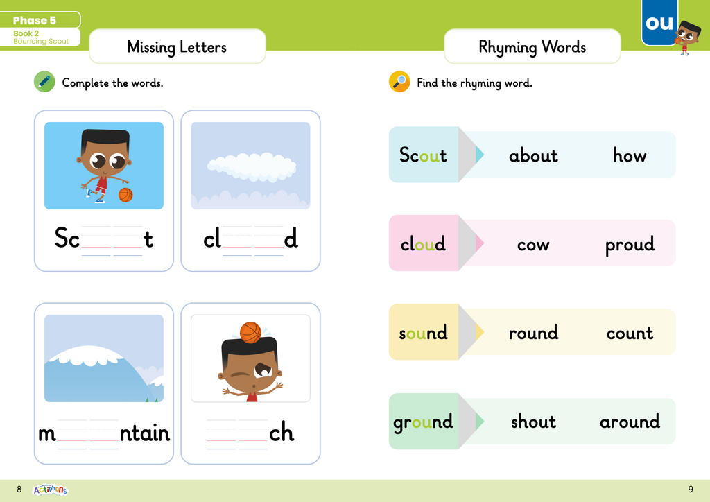 Learn Phonics with Actiphons Phase 5 workbook missing letters and rhyming words page with Bouncing Scout