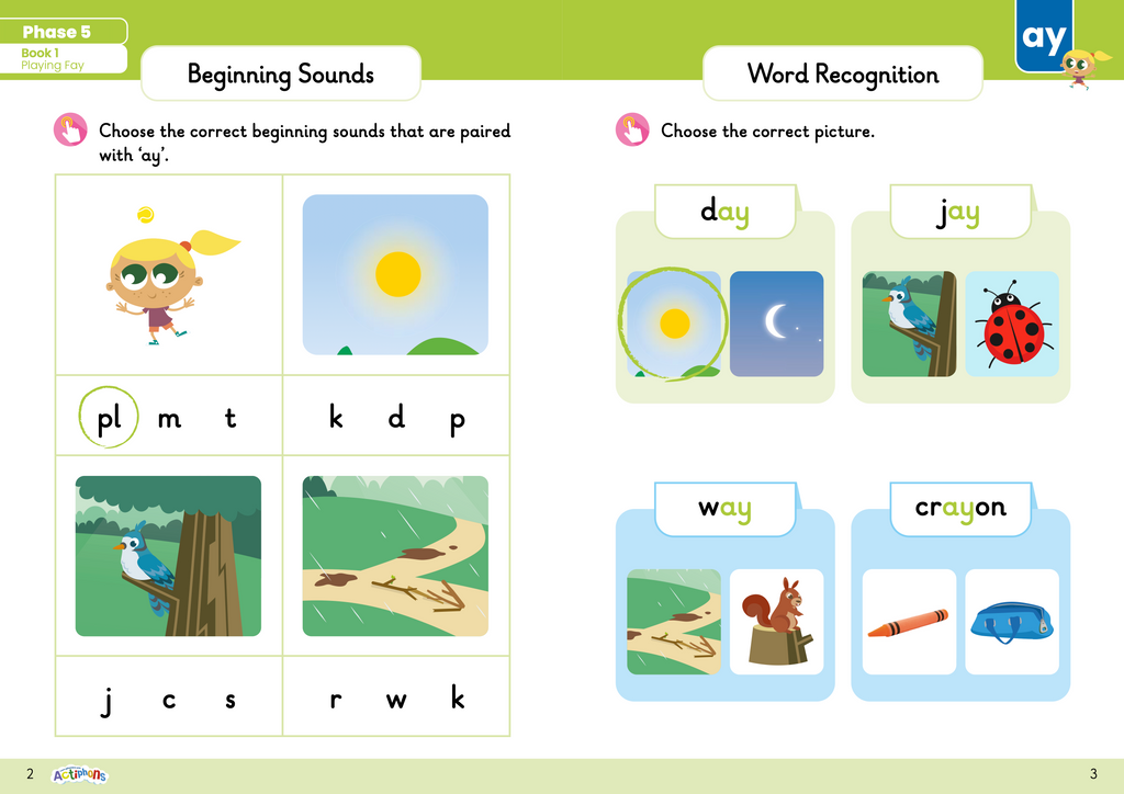 Learn Phonics with Actiphons Phase 5 workbook beginning sound and word recognition page with Playing Fay