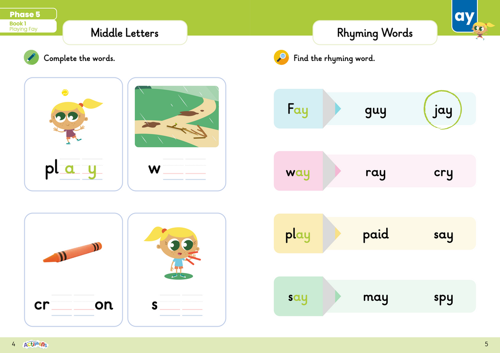 Learn Phonics with Actiphons Phase 5 workbook middle letters and rhyming words activity page with Playing Fay