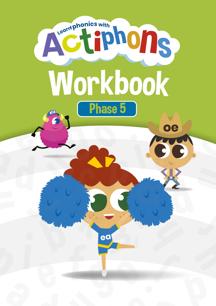 Learn Phonics with Actiphons Phase 5 workbook front cover with Physical Phil, Cheerleading Bea and Hoedown Joe