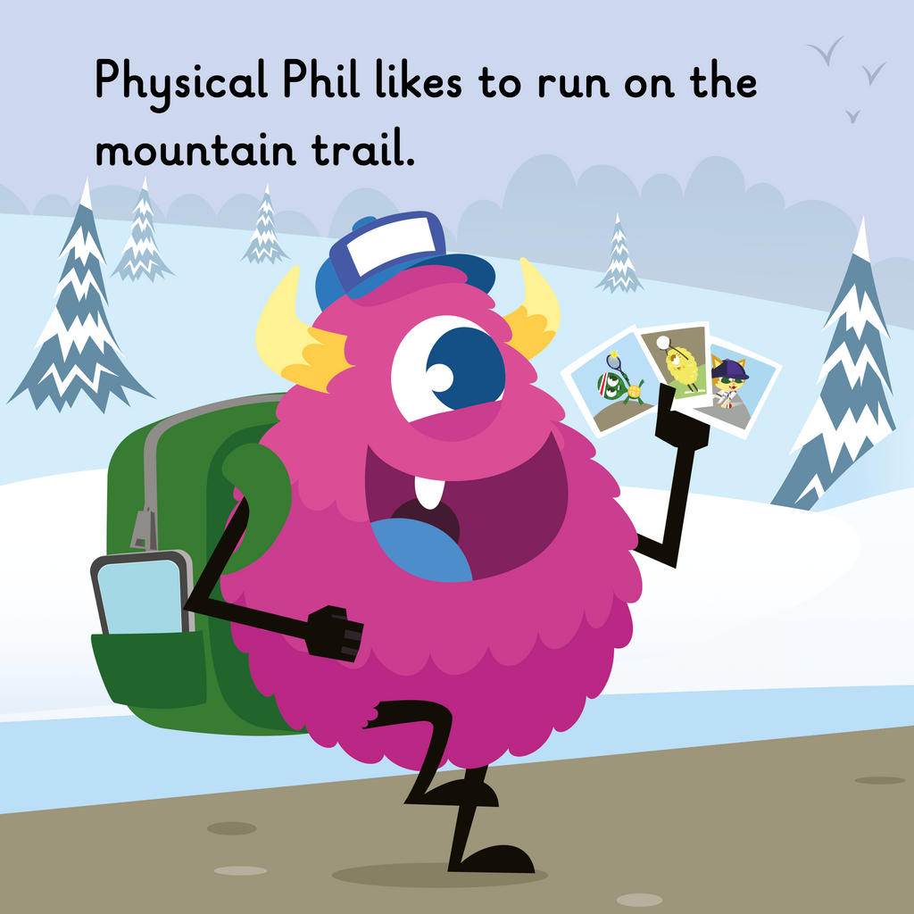 Learn phonics with Actiphons Physical Phil reading book page 1 Physical Phil is running through the snowy mountain trail with his green rucksack looking at some photos of Timmy Tennis, Netball Nelly and Cricket Craig